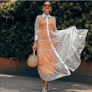 Zara Divine Ecru Polka Dot Tulle Maxi Dress Like NEW Large